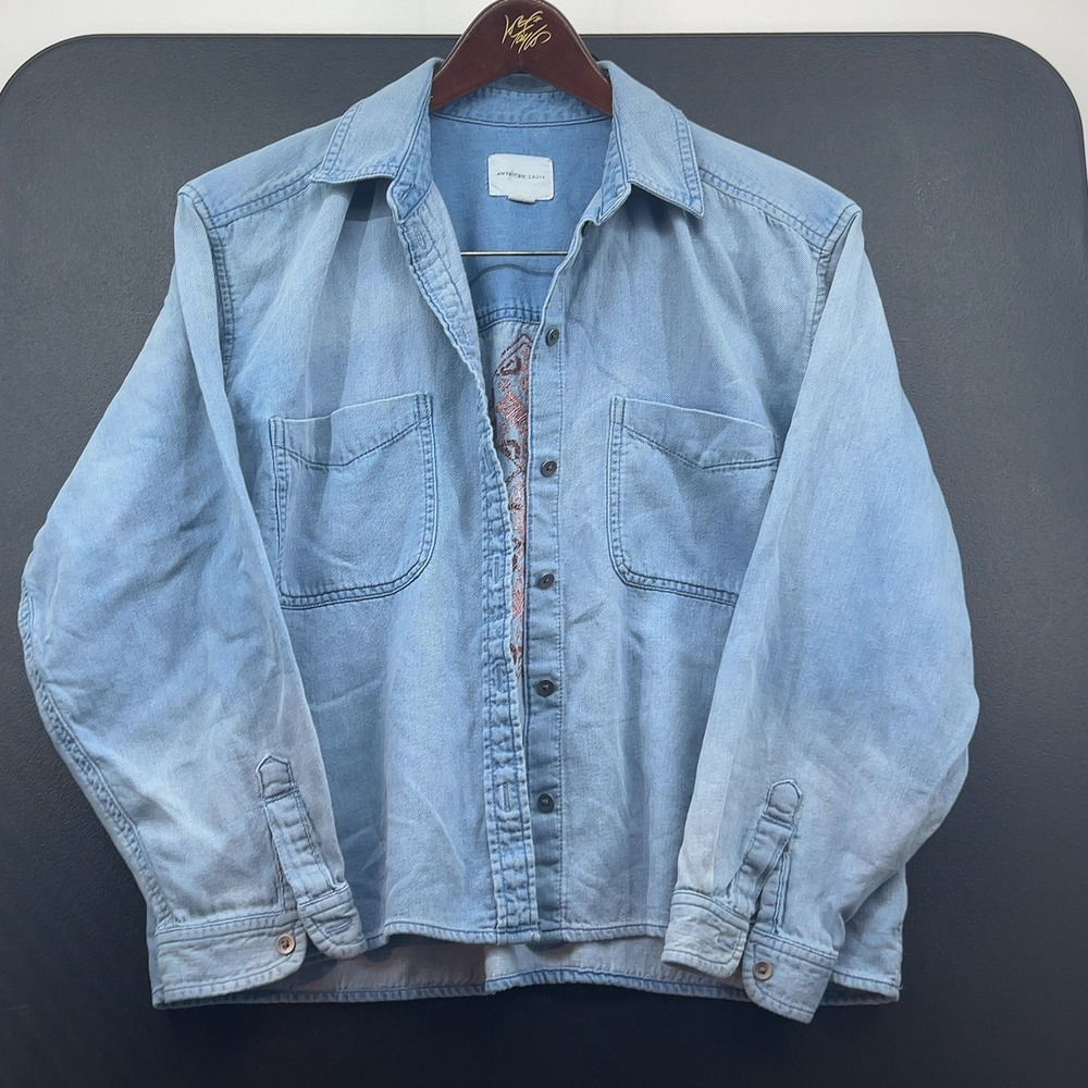 American Eagle Denim Overshirt Womens Small Light Blue Embroidered Cotton Boho